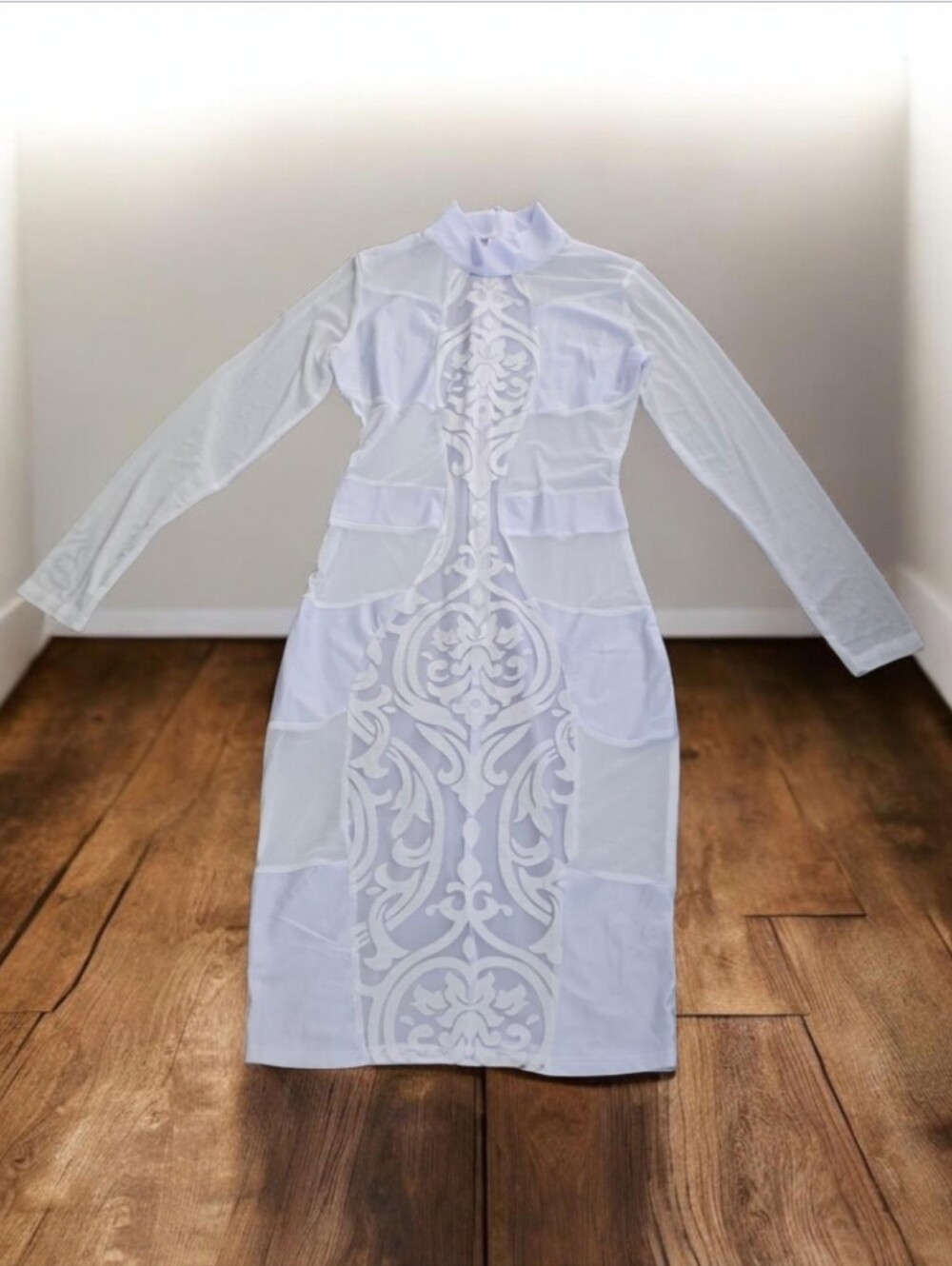 Texture Me Up Dress White Bodycon Sheer Mesh Baroque Medium - Picture 2 of 8